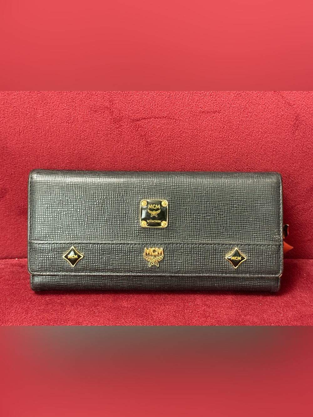 MCM Black Textured Leather Continental Wallet with Gold Accents